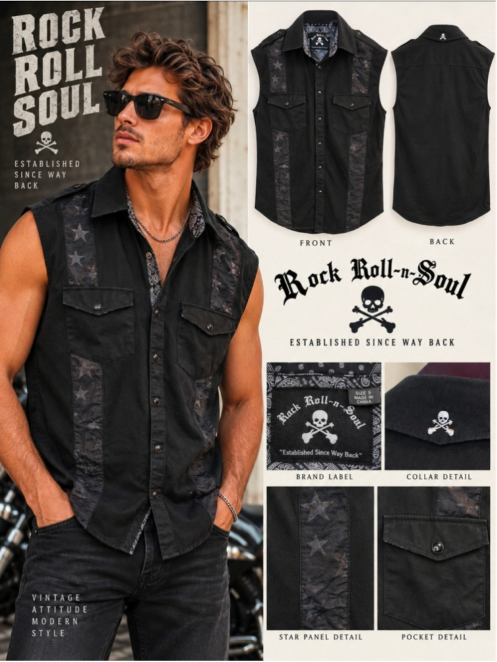 Rock Roll N Soul Black Sleeveless Biker Western Shirt Vest Size S